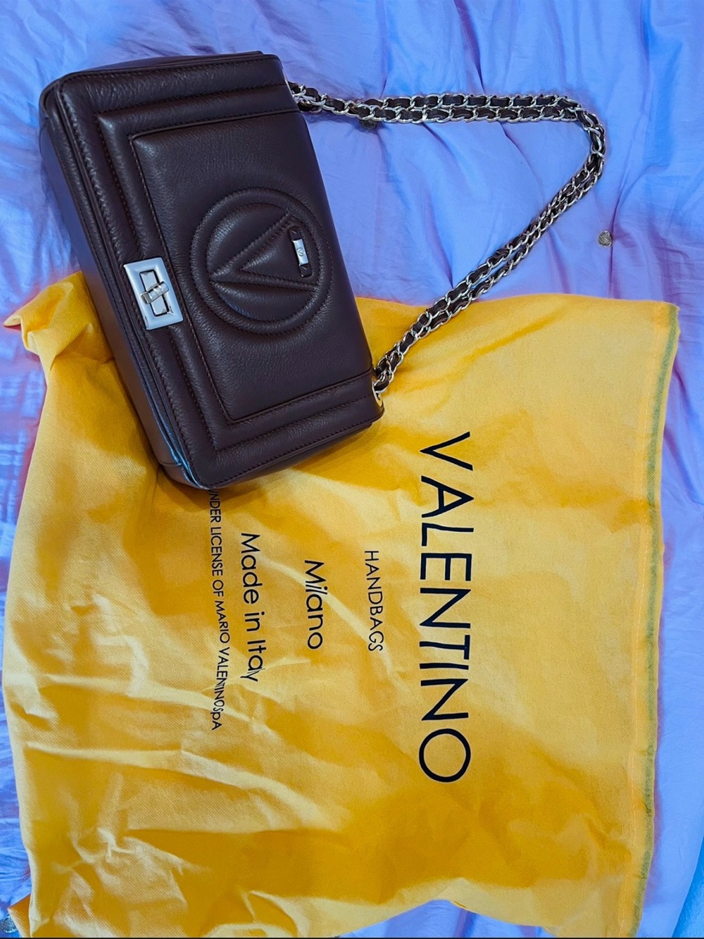 Valentino Dark Brown Leather Shoulder Bag with Silver Chain